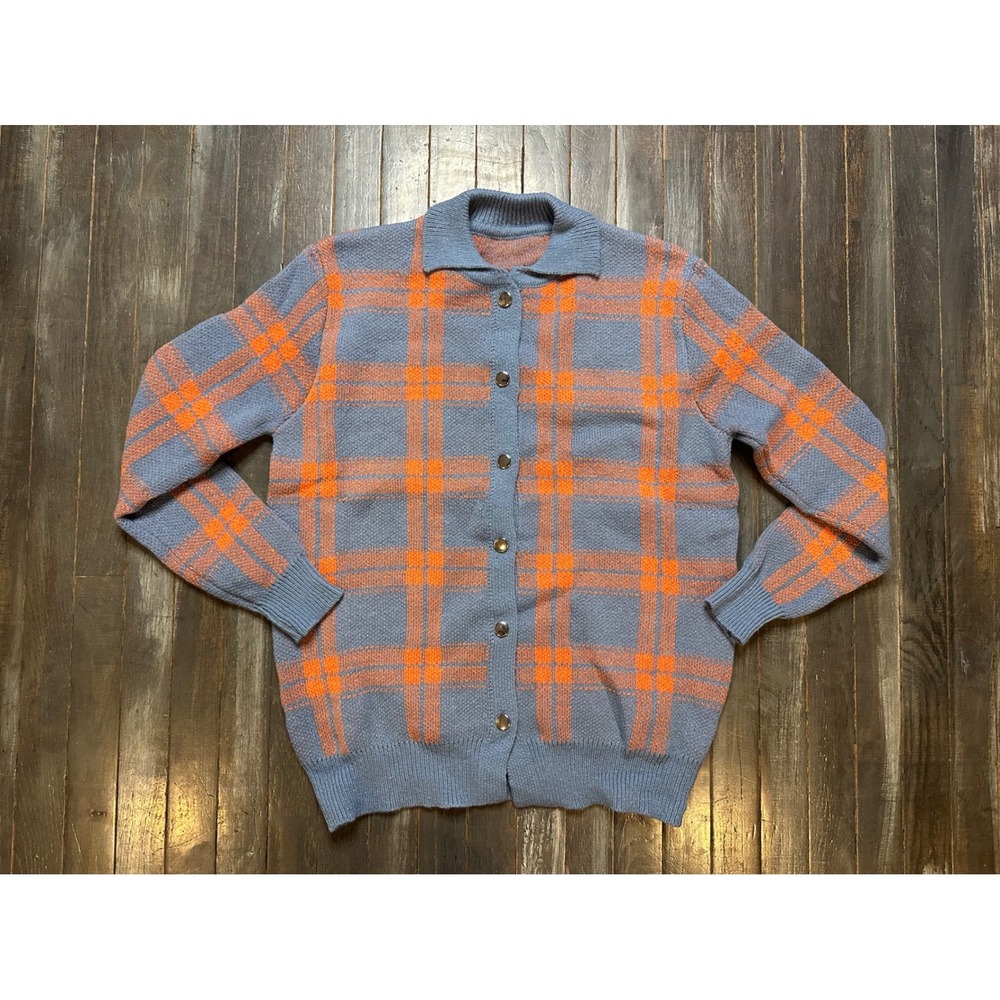 Blue Orange Plaid Button Front Cardigan Sweater Polo Collar